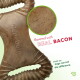 Benebone dental chew for dogs, shaped like a bone, with a bacon flavor label and text stating "Like a yummy toothbrush for dogs."