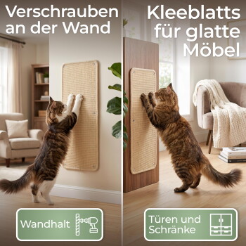 Getigerte Katze kratzt an vertikalen Sisal-Pads an Wand und Schrank; Text: Verschrauben an der Wand, Kleeblatt für glatte Möbel.