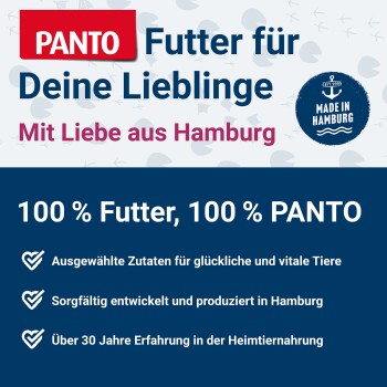 PANTO Haustierfutter-Werbung mit "Futter für Deine Lieblinge" und "Mit Liebe aus Hamburg," hebt 100% Qualitätszutaten und über 30 Jahre Erfahrung hervor.