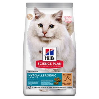 Hill's Science Plan Hypoallergenic cat food bag featuring a white cat on the front, labeled "Veterinarian Recommended" and "No Grain."