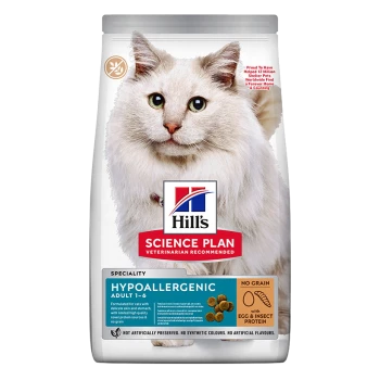 Sac de nourriture pour chats Hill's Science Plan Hypoallergénique présentant un chat blanc sur le devant, étiqueté "Recommandé par les vétérinaires" et "Sans céréales".