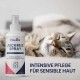 Pawlie's Juckreiz-Sprayflasche mit einer Katze im Hintergrund; der Text lautet 'INTENSIVE PFLEGE FÜR SENSIBLE HAUT.'