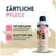 Hundeshampoo-Flasche mit der Aufschrift "Hunde Shampoo" und einem Bild eines Hundes, mit Text über die Vorteile von Kollagen und einer duftfreien Formel.