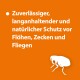 Zuverlässiger, langanhaltender und natürlicher Schutz vor Flöhen, Zecken und Fliegen, mit einer weißen Floh-Silhouette auf orangefarbenem Hintergrund.