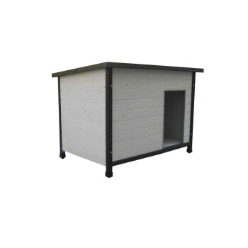 Moderne weiße hölzerne Hundehütte mit dunkler Zierleiste, erhöhten Füßen, schrägem Flachdach und rechteckigem Seiteneingang.