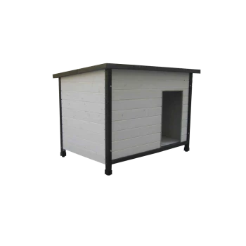 Moderne weiße hölzerne Hundehütte mit dunkler Zierleiste, erhöhten Füßen, schrägem Flachdach und rechteckigem Seiteneingang.