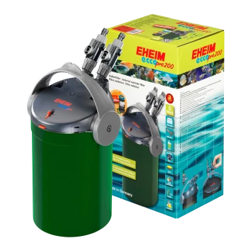 EHEIM Ecco Pro 200 Außenfilter in grün mit grauem Deckel, mit zwei Schläuchen, neben seiner bunten Verpackung präsentiert.