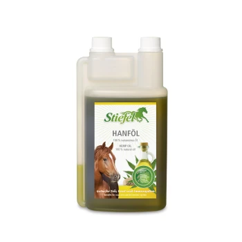 Flasche Stiefel Hanföl (Hanföl) für Pferde, mit einem Pferdebild und grünen Blättern, die Vorteile für Fell, Haut und Immunität fördern.