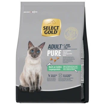 Bag of Select Gold Adult Pure cat food with a Siamese cat image, rich in silkworm protein, gluten-free formula.
