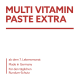 Weißes Etikett mit großem roten Text 'MULTI VITAMIN PASTE EXTRA' und kleinerem deutschen Text, einschließlich 'Made in Germany'.