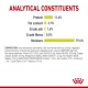 Image displaying analytical constituents of pet food: Protein 11.4%, Fat 2.7%, Crude ash 1.6%, Crude fibres 0.5%, Moisture 79.6%.