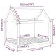 Illustration eines Haustierhauses mit in Zentimetern und Zoll beschrifteten Abmessungen, mit einem dreieckigen Dach und einem laminierten Boden.