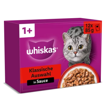 Whiskas-Katzenfutterbox, Bild einer grauen Katze, Schüssel mit Stücken in Sauce; sichtbarer Text: '1+', 'whiskas', 'Klassische Auswahl', 'in Sauce', '12 x 85 g'.
