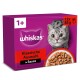 Whiskas-Katzenfutterbox, Bild einer grauen Katze, Schüssel mit Stücken in Sauce; sichtbarer Text: '1+', 'whiskas', 'Klassische Auswahl', 'in Sauce', '12 x 85 g'.
