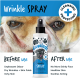 Flasche Bugalugs Faltenspray für Hunde mit aufgelisteten Vorteilen vor und nach der Anwendung, mit einem Hundegesicht.
