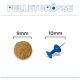 Grafik zur Pelletgröße 'PELLETGRÖSSE': links 9 mm runder Krokettenpellet, rechts 10 mm markiert durch eine blaue Reißzwecke, Beschriftungen '9mm' und '10mm'.