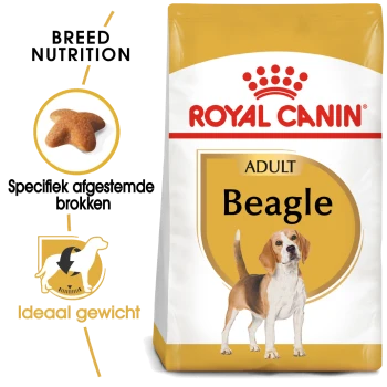 Royal Canin Beagle Adult hondenvoedingszak met een illustratie van een Beagle-hond, met tekst die de voeding voor het ras en het ideale gewicht benadrukt.