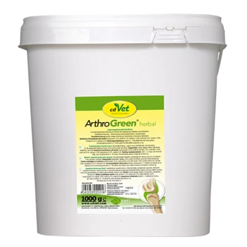 Weißer Kunststoffbehälter mit der Aufschrift 'cdVet ArthroGreen herbal' mit grünen und gelben Akzenten, der 1000g Gelenkunterstützung für Haustiere enthält.