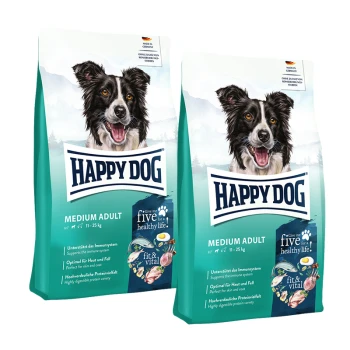 Zwei Tüten Happy Dog Medium Adult Hundefutter für Hunde von 11-25 kg, mit fröhlichem schwarz-weißem Hund und Text „Give me five for a healthy life“.
