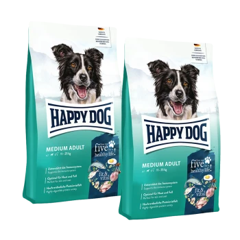 Zwei Tüten Happy Dog Medium Adult Hundefutter für Hunde von 11-25 kg, mit fröhlichem schwarz-weißem Hund und Text „Give me five for a healthy life“.