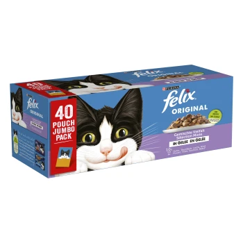 Original Geschmischte Vielfalt in Gelee 40x85 g Eine bunte Box Felix Original Katzenfutter mit einer verspielten schwarz-weißen Katze auf der Vorderseite, beschriftet mit '40 Pouch Jumbo Pack.'