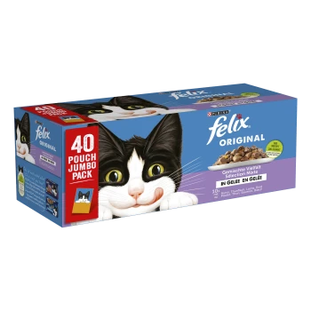 Eine bunte Box Felix Original Katzenfutter mit einer verspielten schwarz-weißen Katze auf der Vorderseite, beschriftet mit '40 Pouch Jumbo Pack.'