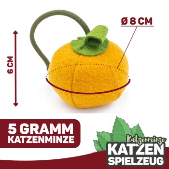 Ein plüschiges, orangefarbenes Kürbis-Haustierspielzeug mit einem grünen Stiel, mit einem Durchmesser von 8 cm und einer Höhe von 6 cm, beschriftet mit "5 Gramm Katzenminze."