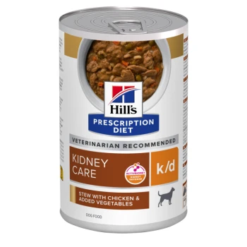 Dosenfutter für Hunde von Hill's Prescription Diet, mit der Aufschrift 'Kidney Care', das einen Eintopf mit Huhn und zusätzlichen Gemüse enthält.