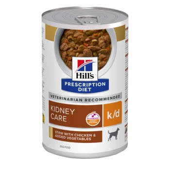 Blikvoer voor honden van Hill's Prescription Diet, gelabeld 'Kidney Care', met een stoofpot met kip en toegevoegde groenten.
