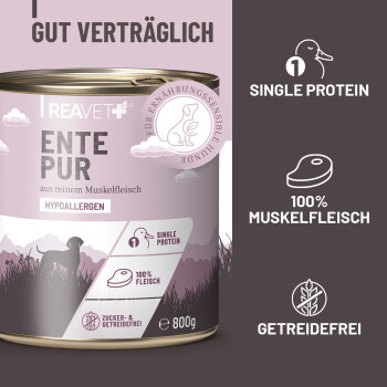 Dose Hundefutter mit Ente als Hauptzutat, mit der Angabe 100% Fleisch ohne Innereien und Fütterungsempfehlungen.