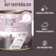 Dose Hundefutter mit Ente als Hauptzutat, mit der Angabe 100% Fleisch ohne Innereien und Fütterungsempfehlungen.