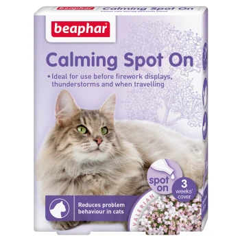 Beaphar Calming Spot On packaging featuring a relaxed cat, with text highlighting its use for stressful situations and reducing problem behavior.
