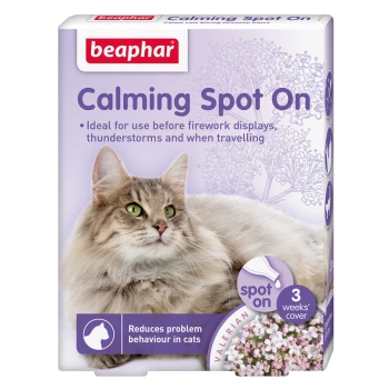 Beaphar Calming Spot On packaging featuring a relaxed cat, with text highlighting its use for stressful situations and reducing problem behavior.