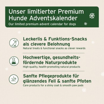 Adventskalender für Hunde mit speziellen funktionalen Snacks, hochwertigen Naturprodukten und sanften Pflegeartikeln für glänzendes Fell.