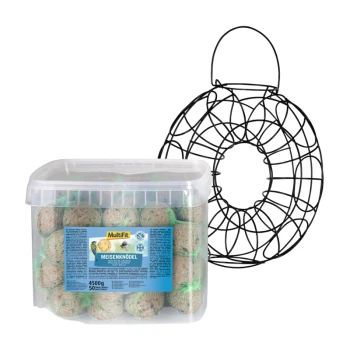 Ein klarer Behälter, gefüllt mit 50 Fettbällchen für Vögel, beschriftet mit "MultiFit Meisenknödel" und einem schwarzen Drahtfutterspender, der daneben hängt.