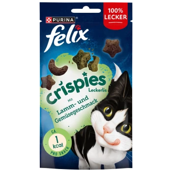 Pochette de friandises pour chat Purina Felix Crispies avec un chat noir et blanc ; textes visibles "100% LECKER", "Crispies", "Mit Lamm- und Gemüsegeschmack", "ca. 1 kcal".