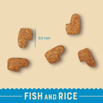 Five pieces of pet food shaped like small fish, measuring 9.5 mm, on a light beige background with the text "FISH AND RICE" at the bottom.