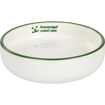 Bol pour animal de compagnie en céramique blanche avec un bord vert, portant le logo "fressnapf maxi zoo" imprimé à l'intérieur.
