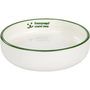 Bol pour animal de compagnie en céramique blanche avec un bord vert, portant le logo "fressnapf maxi zoo" imprimé à l'intérieur.