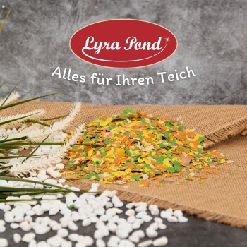 Bunte Fischfutterflocken auf Jute mit weißen Kieseln und grünem Gras. Logo: "Lyra Pond - Alles für Ihren Teich."