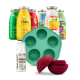 SmoothieDog-Snackset: Flaschen mit den Aufschriften 'Huhn' und 'IMMUNIO', Silikonform mit sechs Mulden, RELAXIO-Spray und rote Leckerlibällchen.