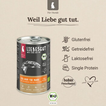 LIEBESGUT Bio-Lachs Hundefutterdose, Slogan "Weil Liebe gut tut", glutenfrei, getreidefrei, laktosefrei, Single-Protein