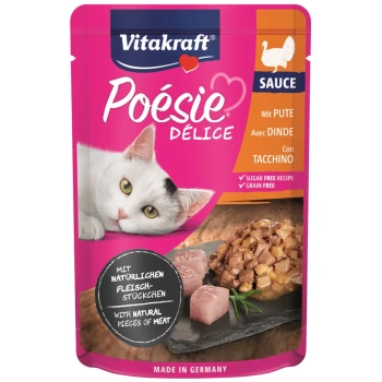 Katze-Futterbeutel mit einer weißen Katze und grünen Augen, beschriftet mit 'Vitakraft Poesie Délice Sauce' mit Truthahn, natürlichem Fleisch und 'zuckerfrei, getreidefrei.'