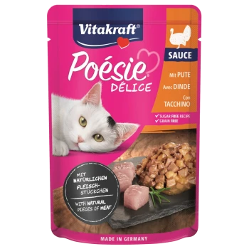 Katze-Futterbeutel mit einer weißen Katze und grünen Augen, beschriftet mit 'Vitakraft Poesie Délice Sauce' mit Truthahn, natürlichem Fleisch und 'zuckerfrei, getreidefrei.'