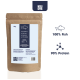 Braune Papiertüte mit Haustierfutter, beschriftet mit '100% Fisch' und '90% Protein', mit einer Fischgrafik und Nährwertangaben auf Deutsch.