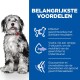 Een fluffy hond zit links; de rechterkant toont Nederlandse tekst over de voordelen van huisdierproducten: gewichtsverlies, omega-3, glucosamine en chondroïtine.