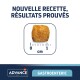 Croquettes pour animaux de compagnie avec une règle de 1 cm, affichant "Nouvelle recette, résultats prouvés" et "Gastroentérique" de Advance Veterinary Diets.