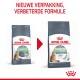 Twee zakken Royal Canin kattenvoer gelabeld 'CARE DIGESTIVE' met nieuwe verpakking en verbeterde formule. Tekst: 'NIEUWE VERPAKKING, VERBETERDE FORMULE.'
