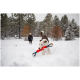Ein verspielter Hund mit einem weißen und braunen Fell zieht fröhlich ein rot-blaues Spielzeug durch tiefen Schnee, umgeben von einer verschneiten Landschaft und Kiefern.