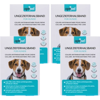 Vier Pakete von 'optipet' Floh- und Zeckenhalsbändern für Hunde, mit Text in Deutsch, Französisch und Italienisch, mit einer Hundillustration.